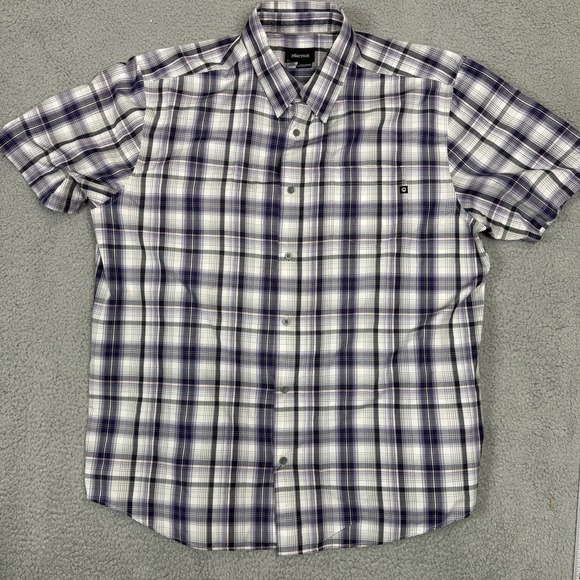 MARMOT Men's 2XL Shirt Short Sleeve Button Up Purple Plaid Hiking - Picture 1 of 8